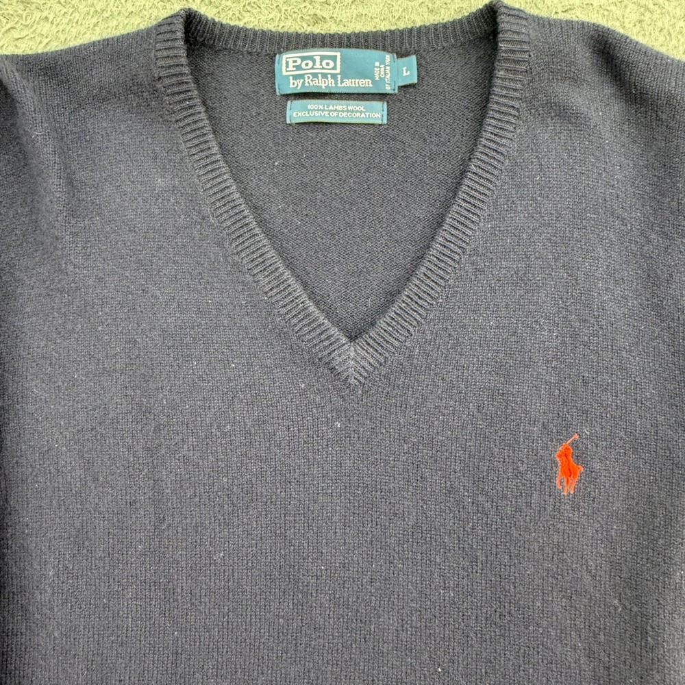 Polo Ralph Lauren Sweater Mens L Navy Blue 100% Lambswool V-Neck Red Pony Logo